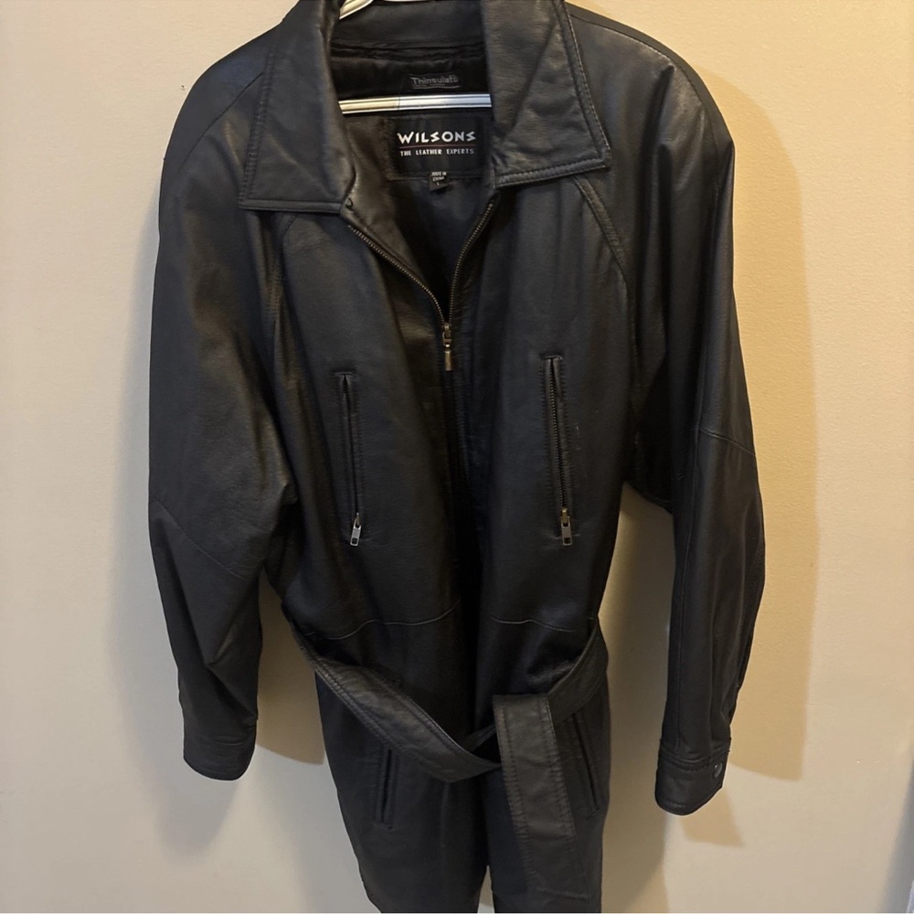 Wilsons Mens Black Leather Trench Coat Size L